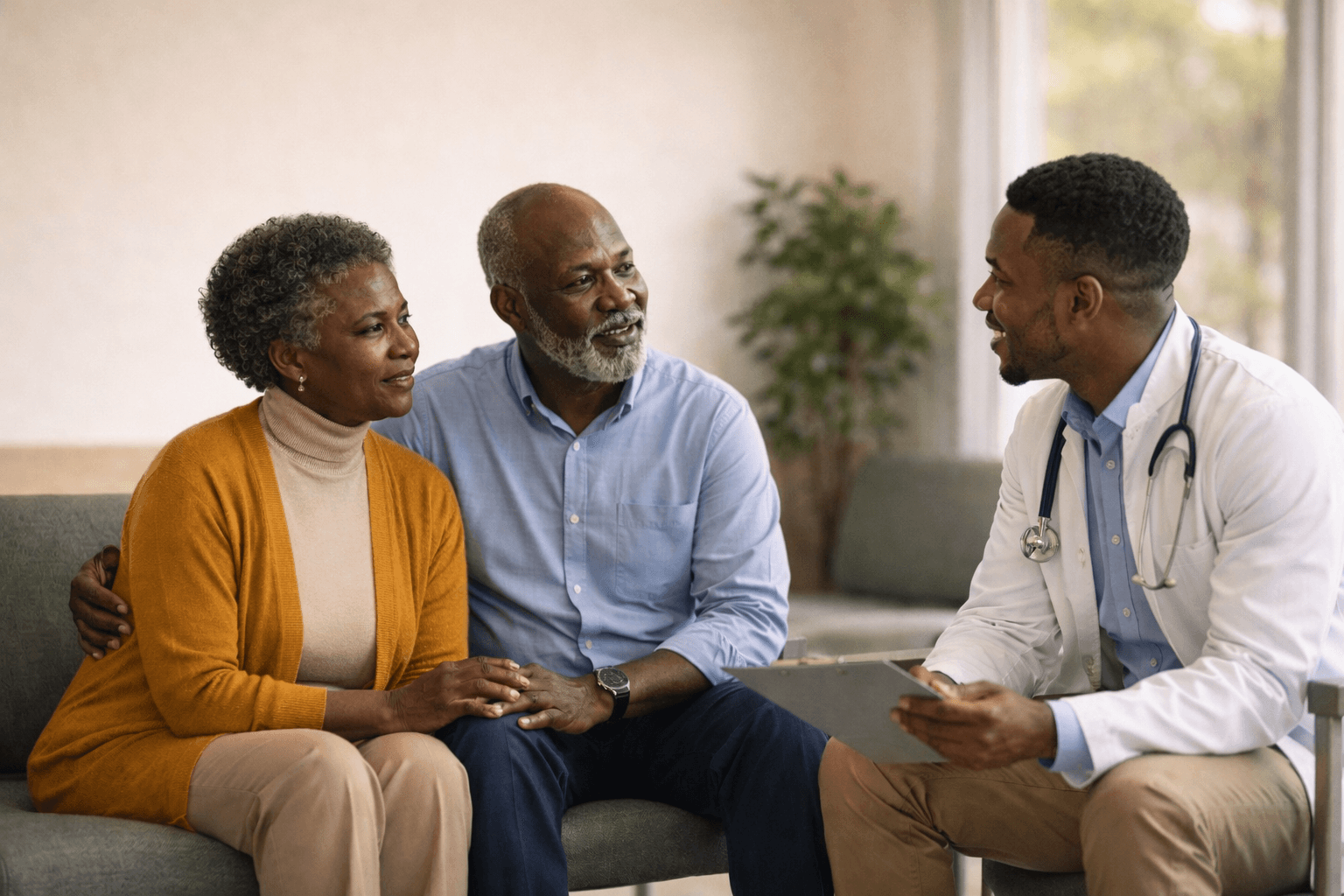 Elderly African American couple smiling with doctor